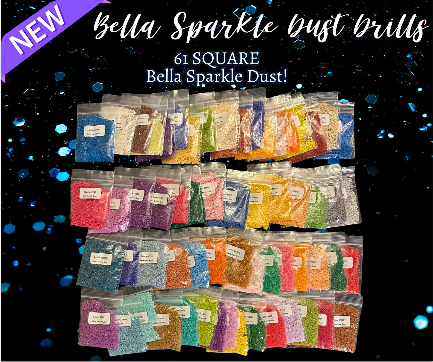 Square Bella Sparkle Dust Diamond Painting Drills in 10 gram bags