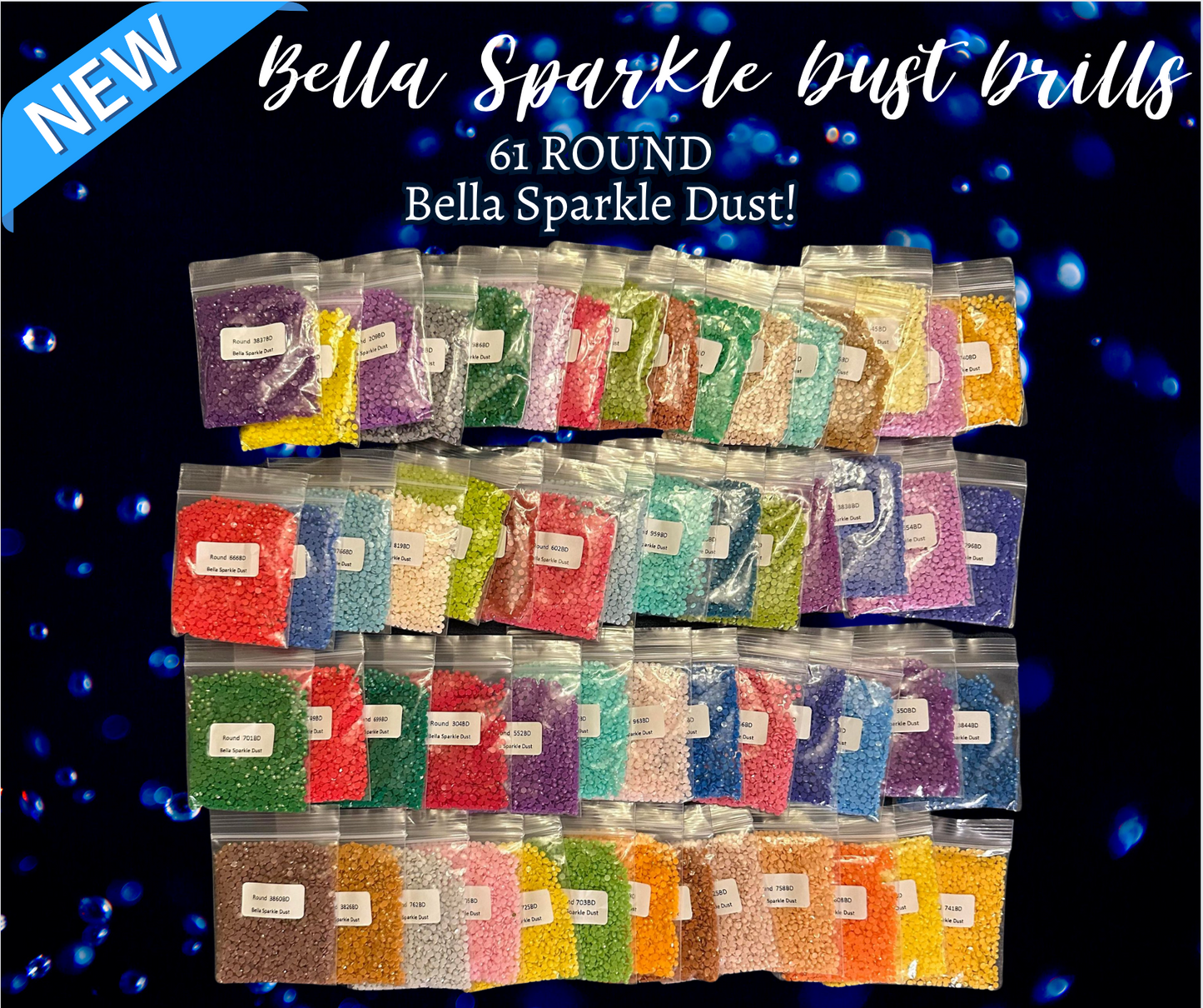 Round Bella Sparkle Dust Diamond Painting Drills in 10 gram bags