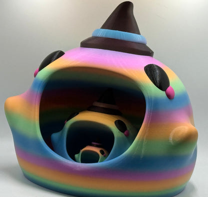 Colorful, striped ghost with a Hat top on a white background